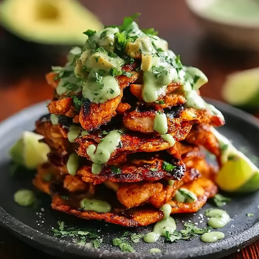Crispy Honey Lime Chicken Tostada Towers with Avocado Lime Drizzle