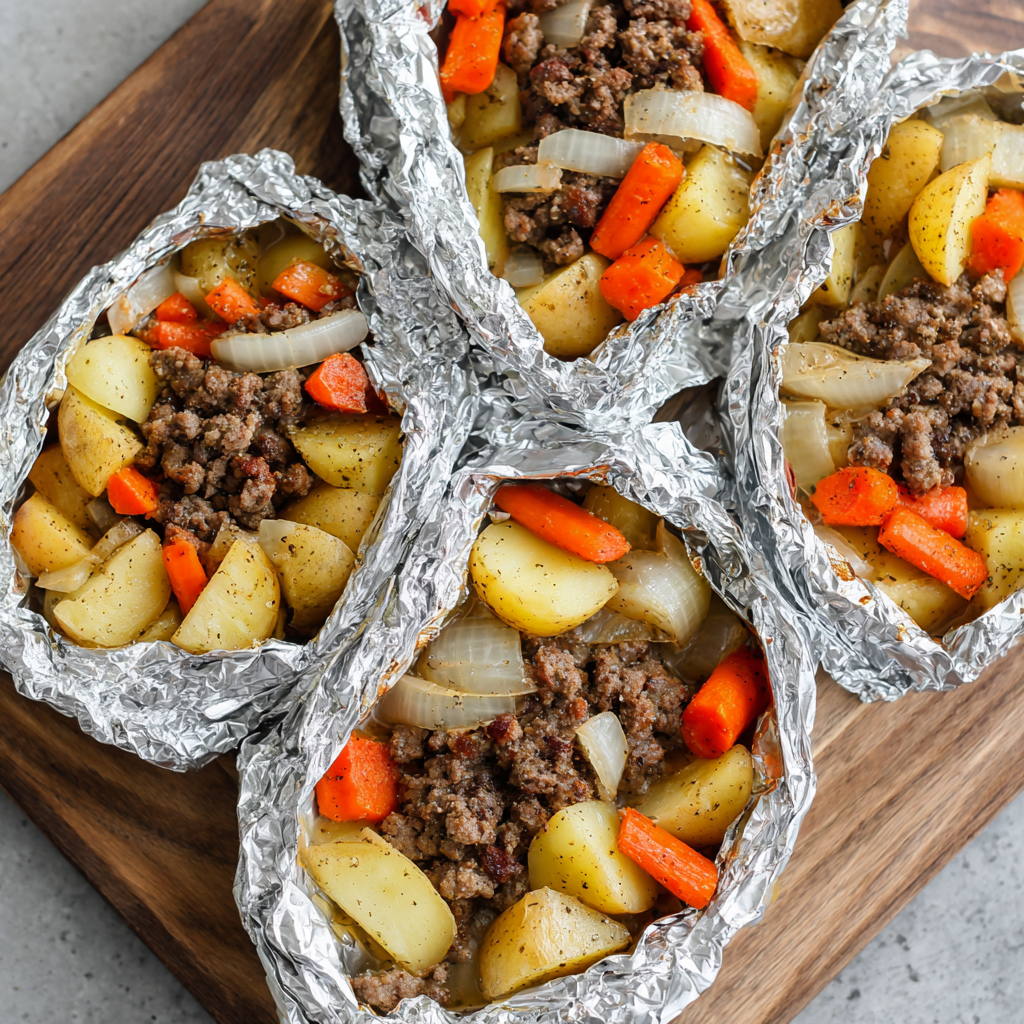 Grilled burger foil packs over open fire at campsite