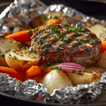 Juicy burger foil packs fresh from the oven with melted cheese