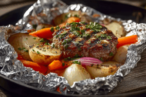 Juicy burger foil packs fresh from the oven with melted cheese