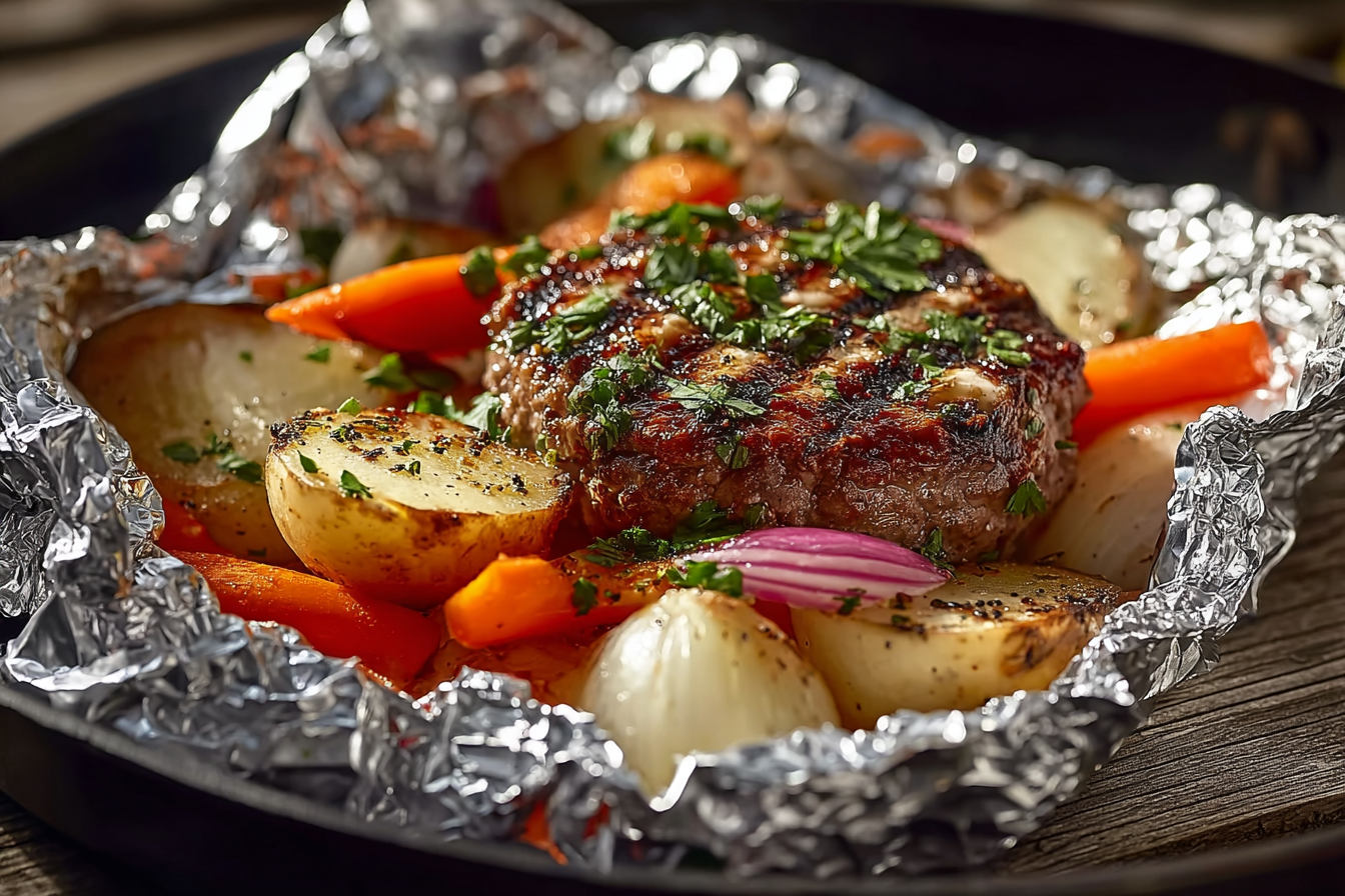 Juicy burger foil packs fresh from the oven with melted cheese