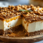 Butterfinger Caramel Cheesecake Bars with caramel drizzle