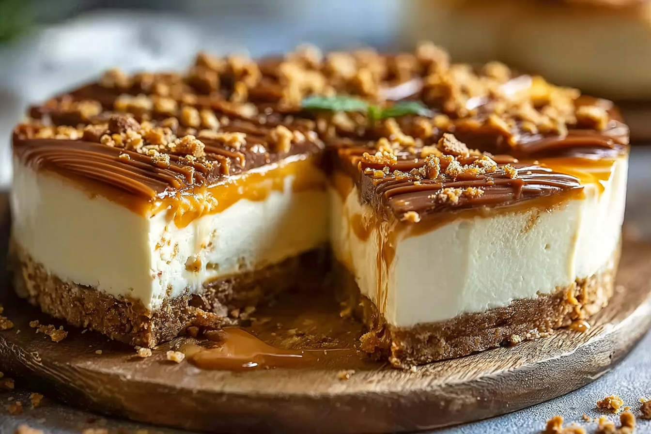 Butterfinger Caramel Cheesecake Bars with caramel drizzle