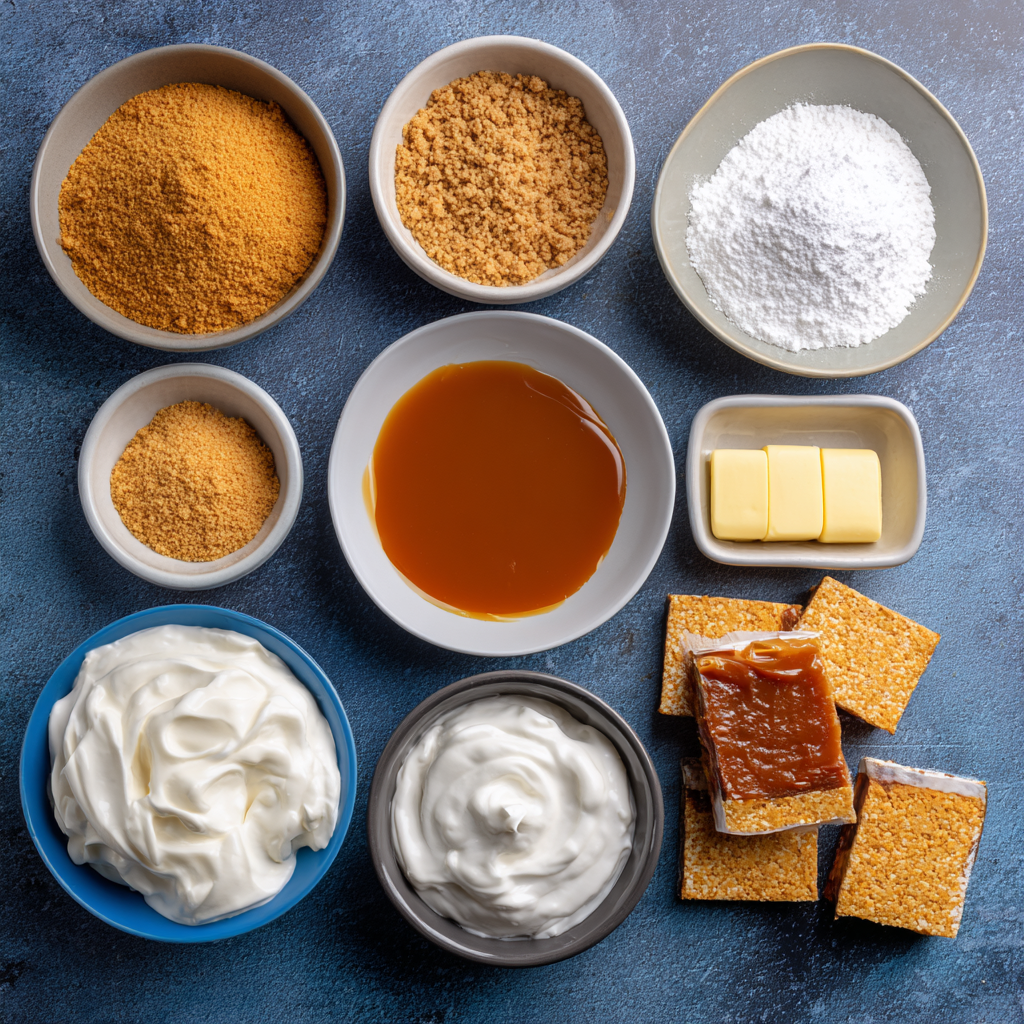 Ingredients for Butterfinger Caramel Cheesecake Bars