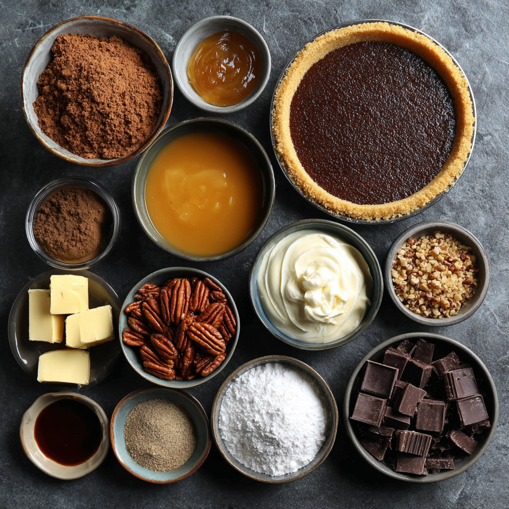 ingredients for rich and gooey caramel brownie pie on counter
