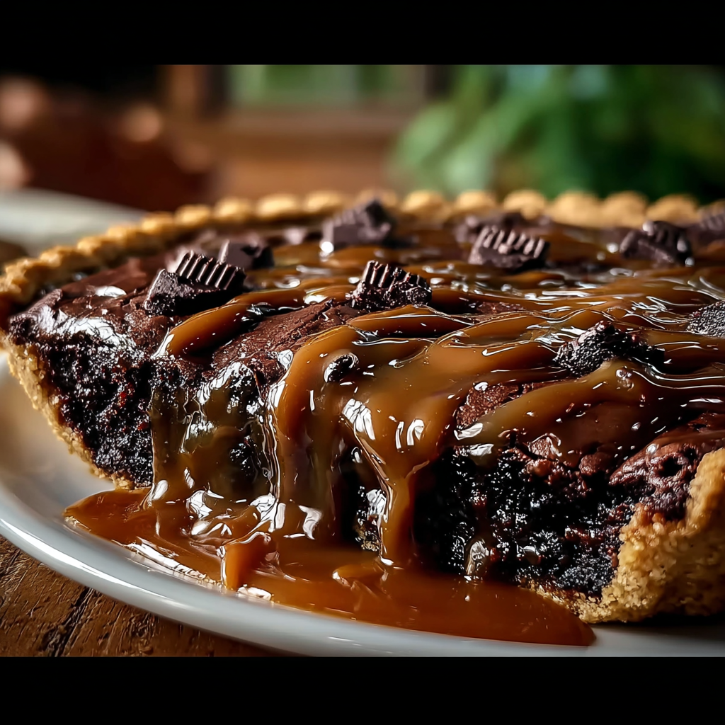 thick caramel sauce pouring over brownie layer
