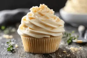 Swirling cheese frosting on a cupcake with creamy texture
