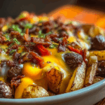 Cheeseburger French fry casserole hot from oven with melted cheese and fries