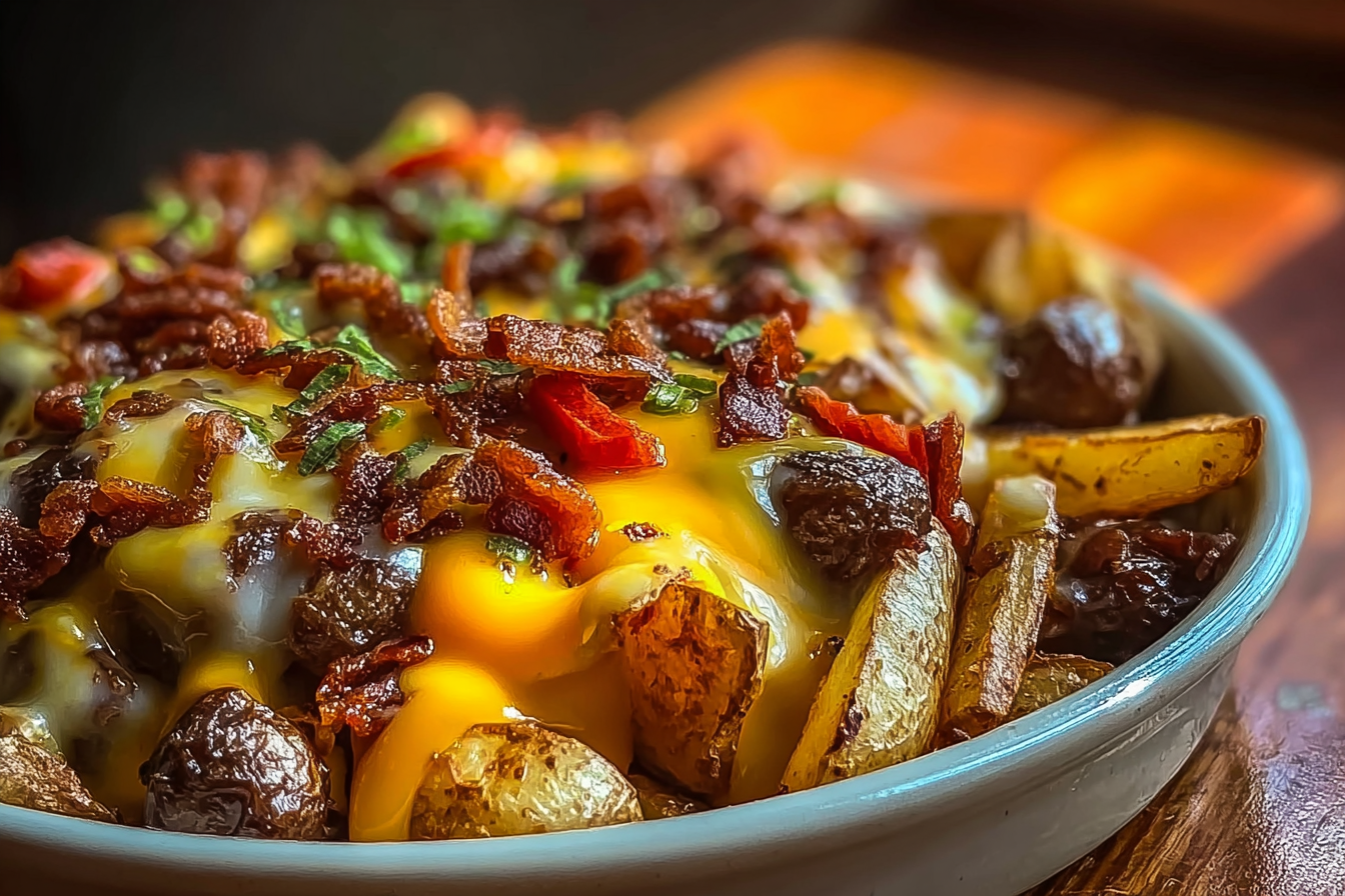 Cheeseburger French fry casserole hot from oven with melted cheese and fries
