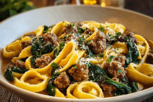 Cheesy Garlic Butter Linguine with Beef: Sausage and Spinach