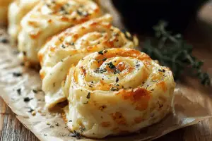cheesy garlic butter rollups on wooden board