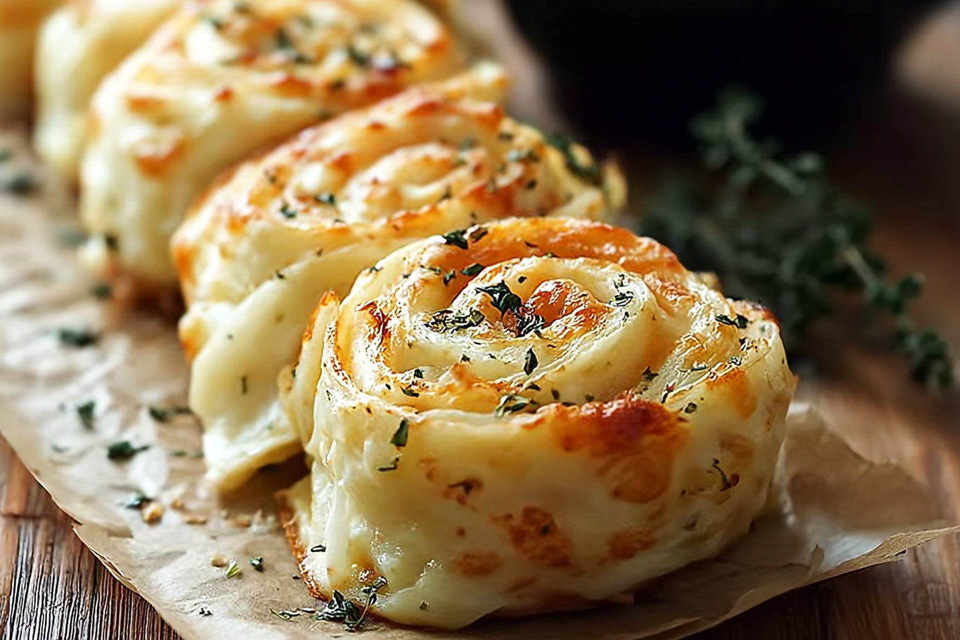 cheesy garlic butter rollups on wooden board