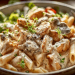 chicken and mushroom pasta in creamy sauce in a white bowl