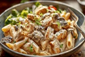 chicken and mushroom pasta in creamy sauce in a white bowl