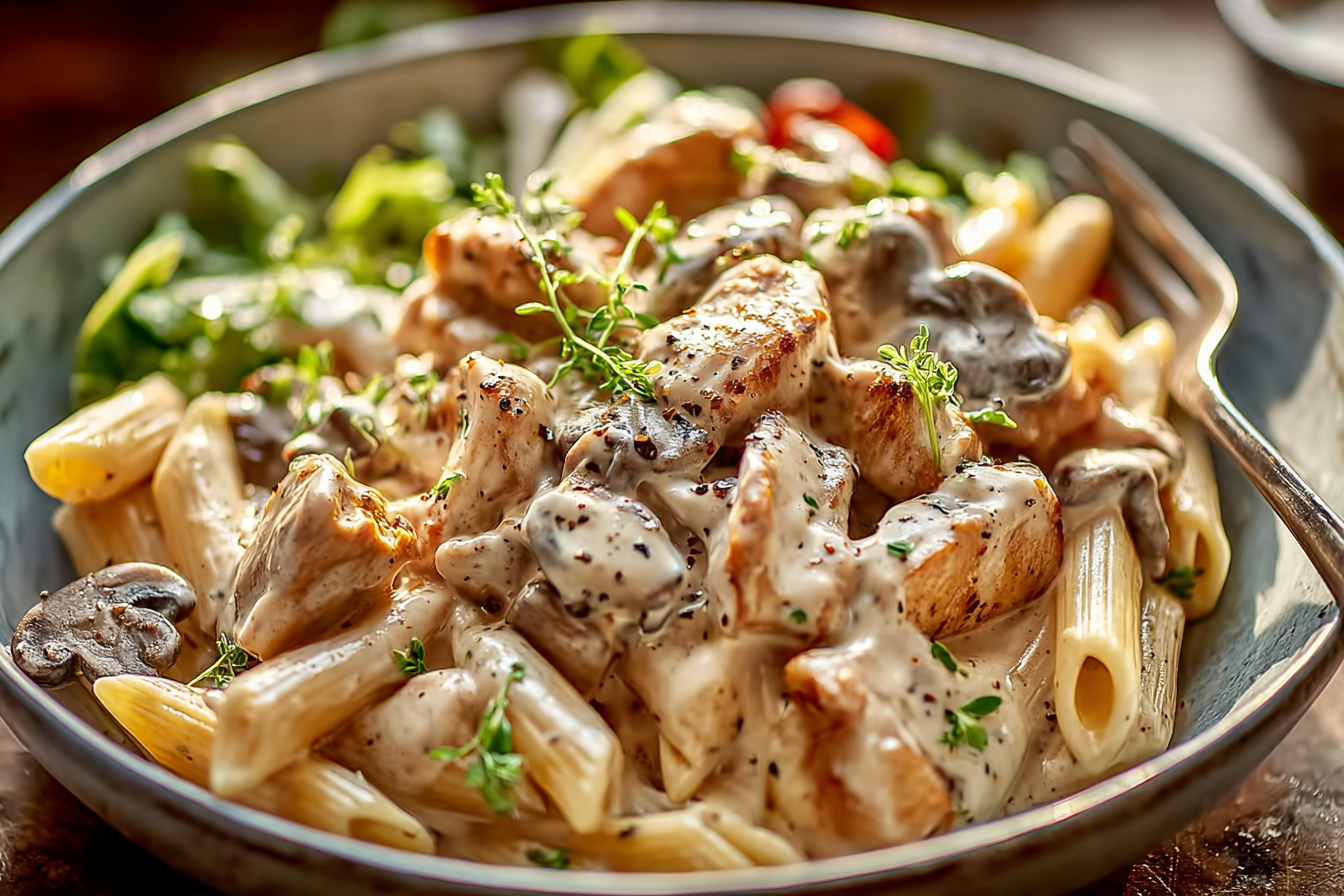 chicken and mushroom pasta in creamy sauce in a white bowl