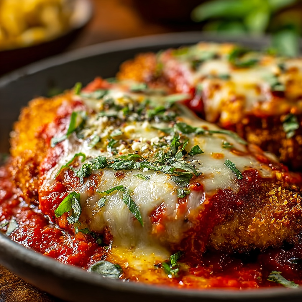 Golden Breaded Chicken Parmesan with pasta and greens