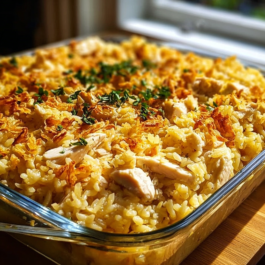Chicken rice a roni casserole served with salad and green beans