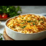 Creamy chicken rice a roni casserole baked with golden crispy onions
