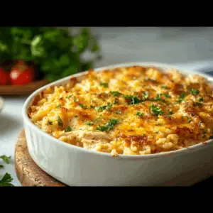 Creamy chicken rice a roni casserole baked with golden crispy onions