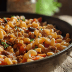Close-up of cheesy Chili Mac in a cast iron skillet