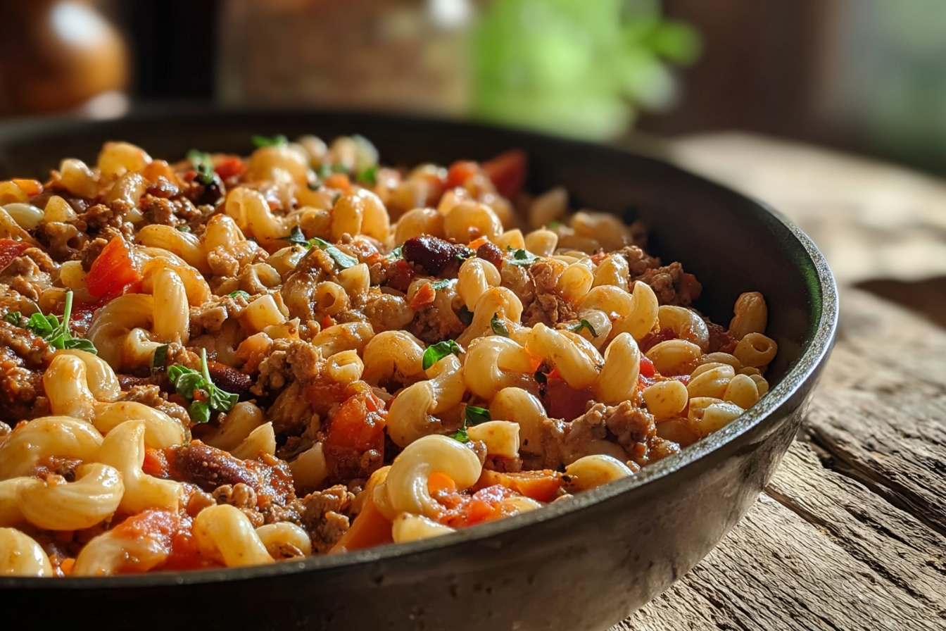 Close-up of cheesy Chili Mac in a cast iron skillet