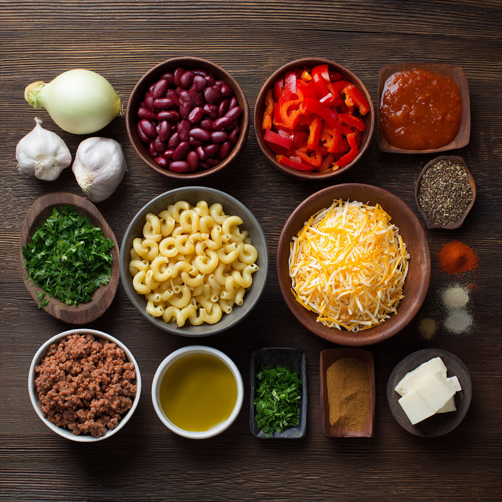 Ingredients for homemade Chili Mac laid out on a wooden surface