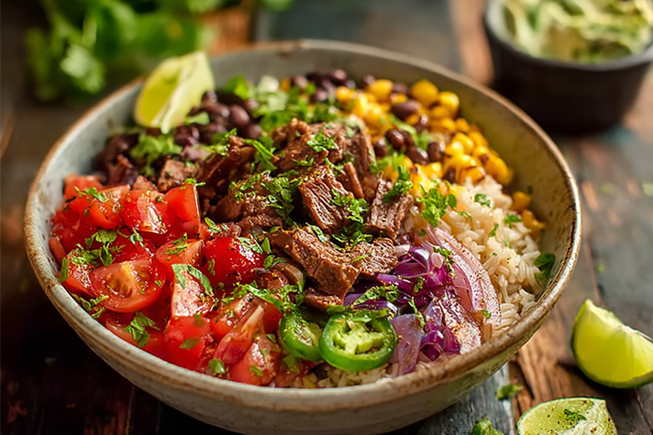Chipotle Beef Bowl served with guacamole and cilantro rice