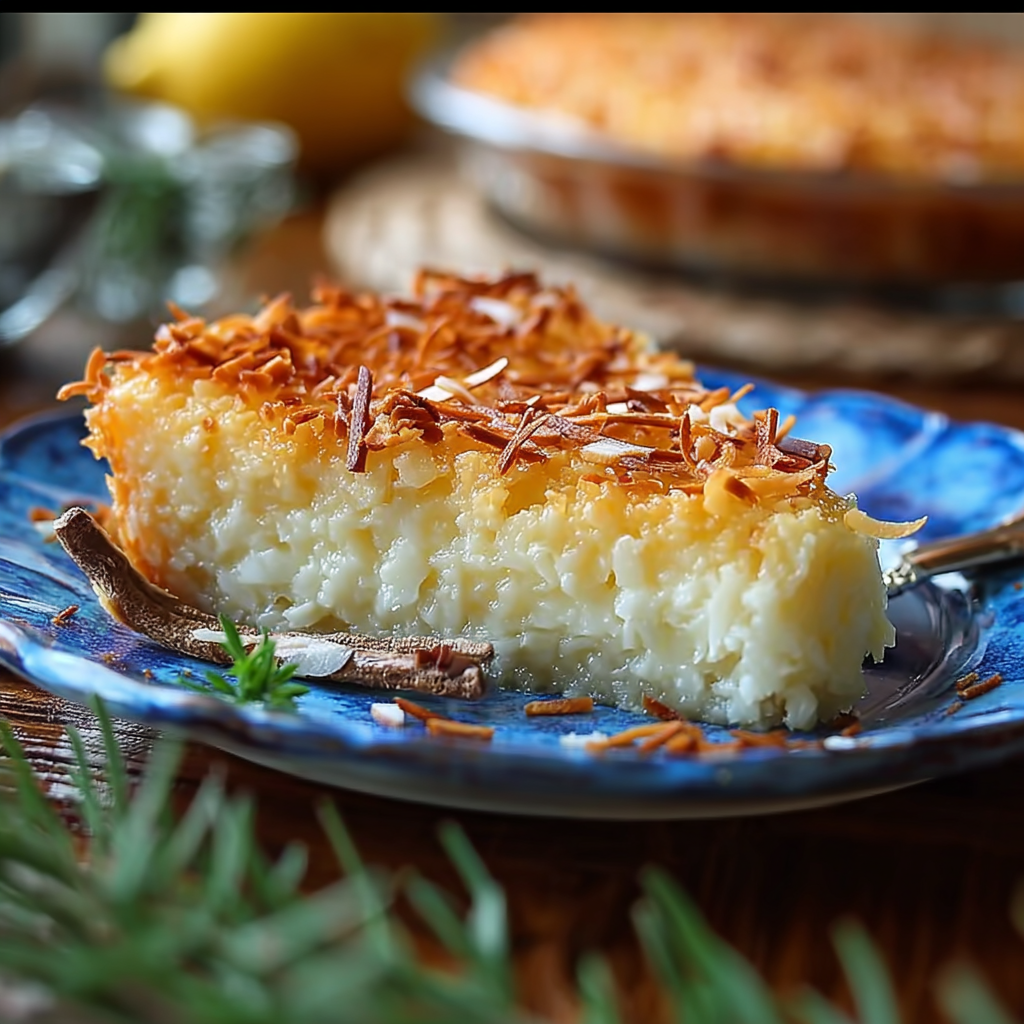 Crustless coconut pie with whipped cream topping
