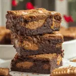 close-up of freshly baked cookie butter blondies with crumbled cookies