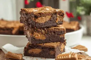 close-up of freshly baked cookie butter blondies with crumbled cookies