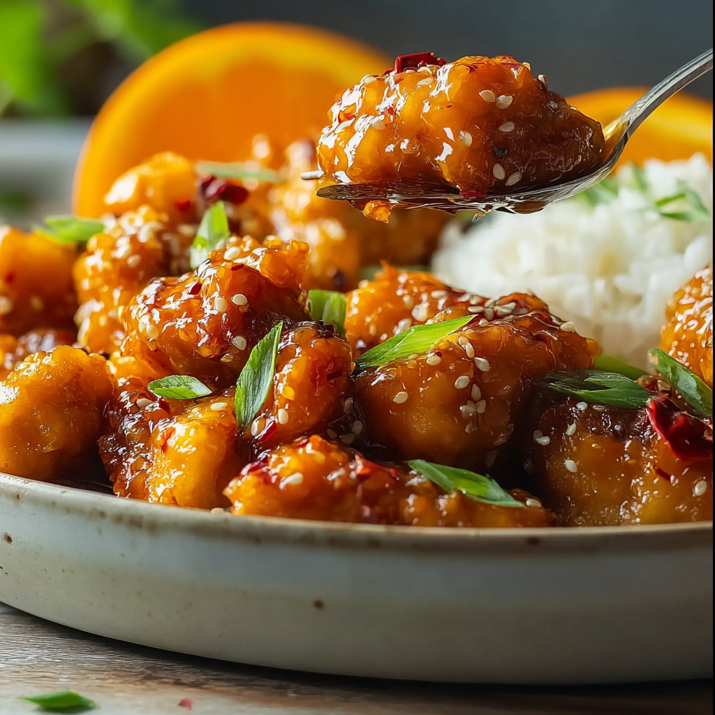 Tossing 4-Ingredient Orange Chicken in sauce on stove