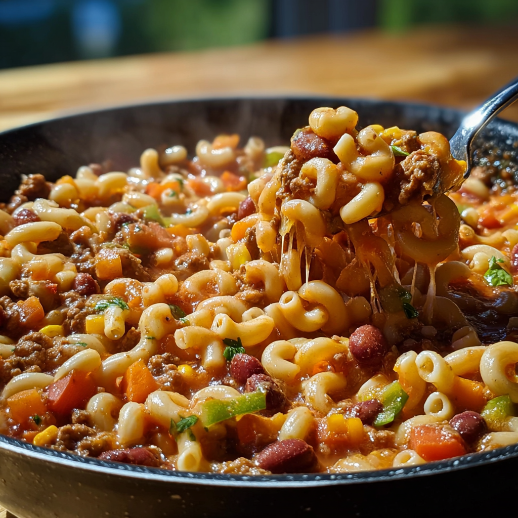 Chili Mac cooking in a Dutch oven with cheese melting