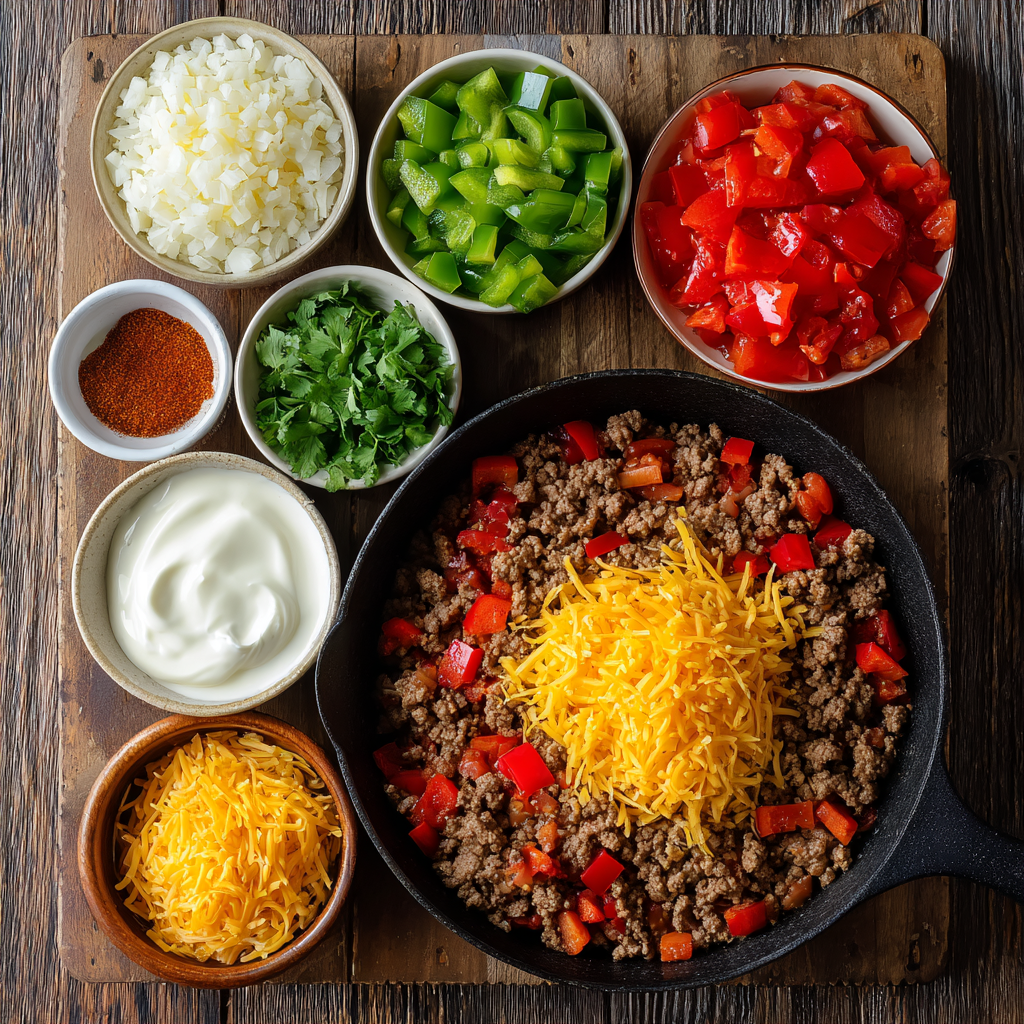 Cooking beef and peppers for unstuffed pepper skillet