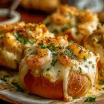 Crabby Shrimp-Stuffed Garlic Bread Bombs on serving board