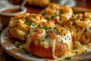 Crabby Shrimp-Stuffed Garlic Bread Bombs on serving board