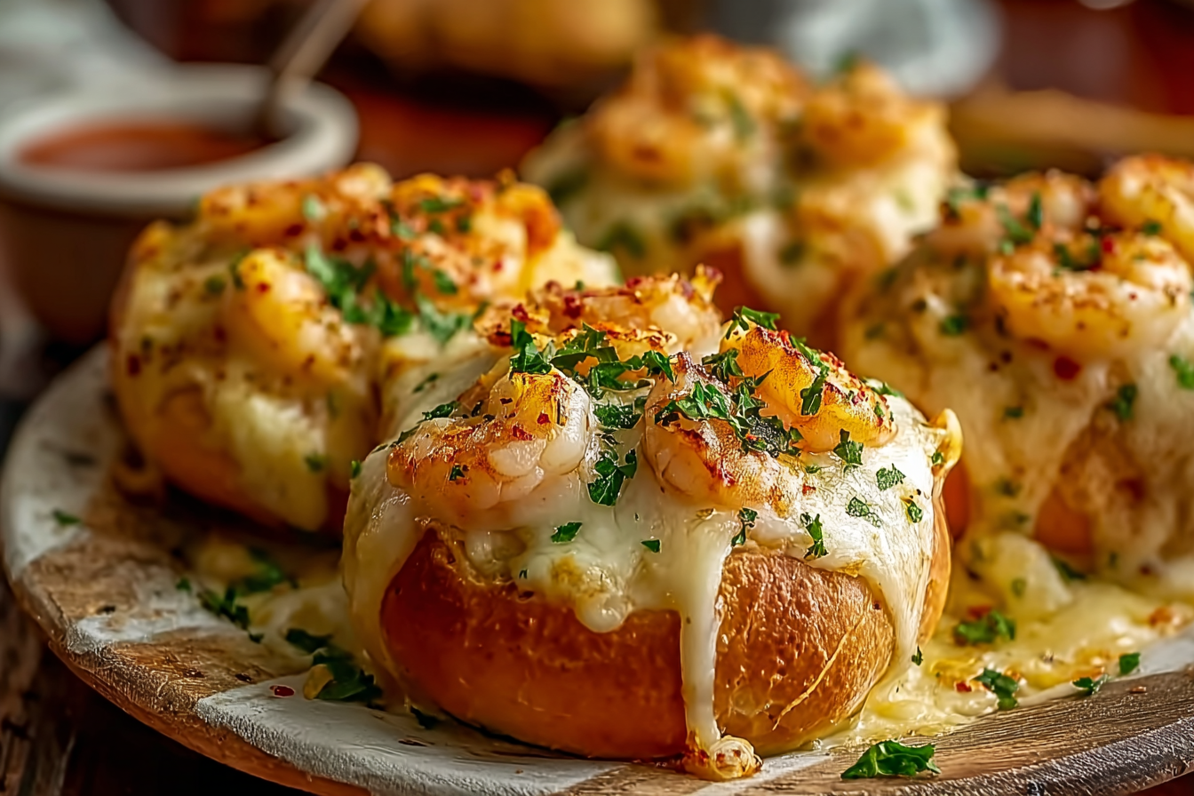 Crabby Shrimp-Stuffed Garlic Bread Bombs on serving board