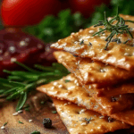 Golden homemade sesame crackers recipe on wooden board