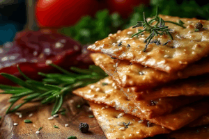 Golden homemade sesame crackers recipe on wooden board