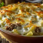 Creamed cabbage and ground beef casserole fresh from the oven