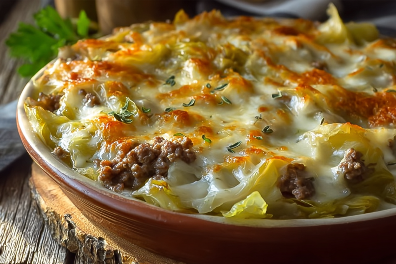 Creamed cabbage and ground beef casserole fresh from the oven