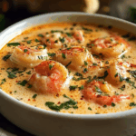 Creamy crab and shrimp seafood bisque in a bowl with garnish