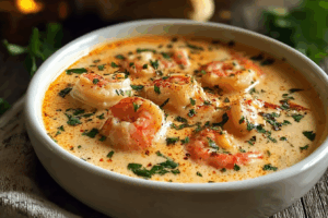 Creamy crab and shrimp seafood bisque in a bowl with garnish