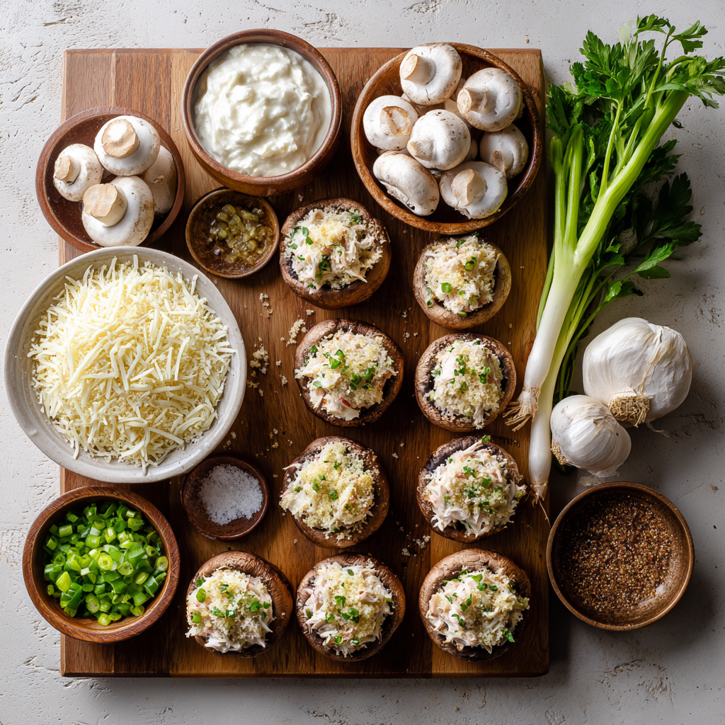 Ingredients for creamy garlic crab-stuffed mushrooms recipe