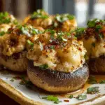 Creamy garlic crab-stuffed mushrooms baked golden brown