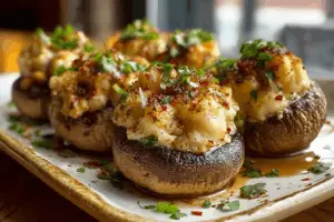 Creamy garlic crab-stuffed mushrooms baked golden brown