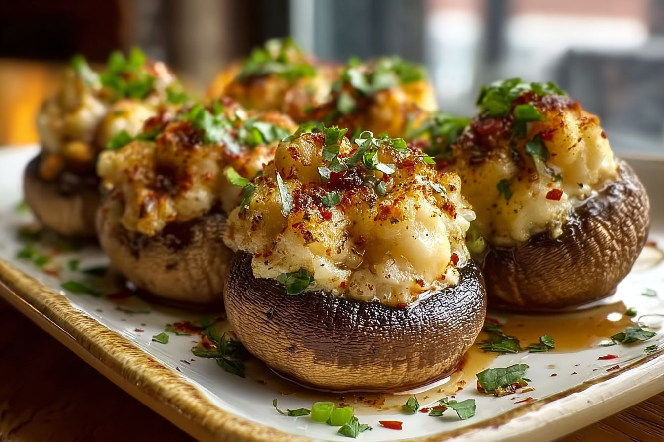Creamy garlic crab-stuffed mushrooms baked golden brown