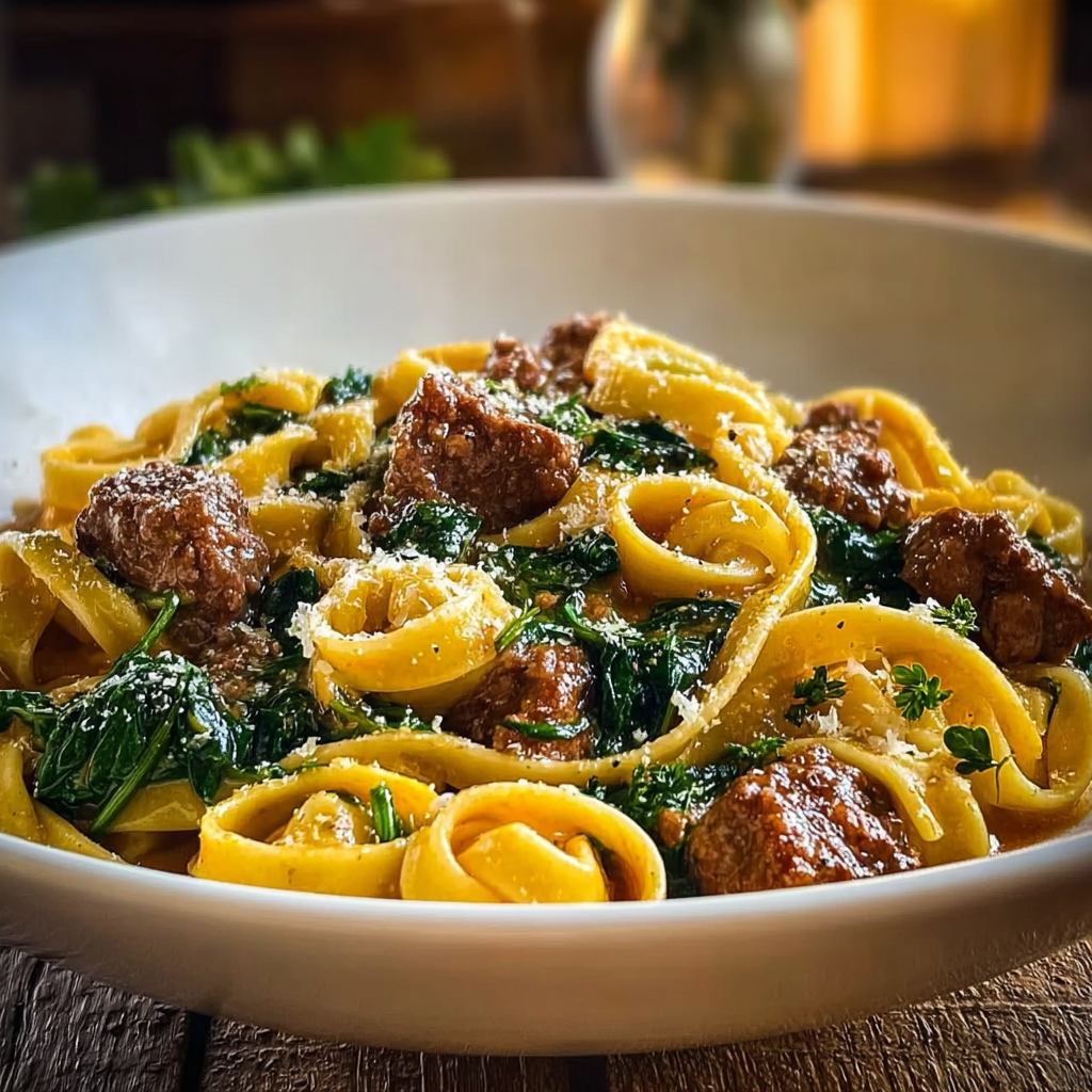 cheesy linguine with beef and spinach served on plate