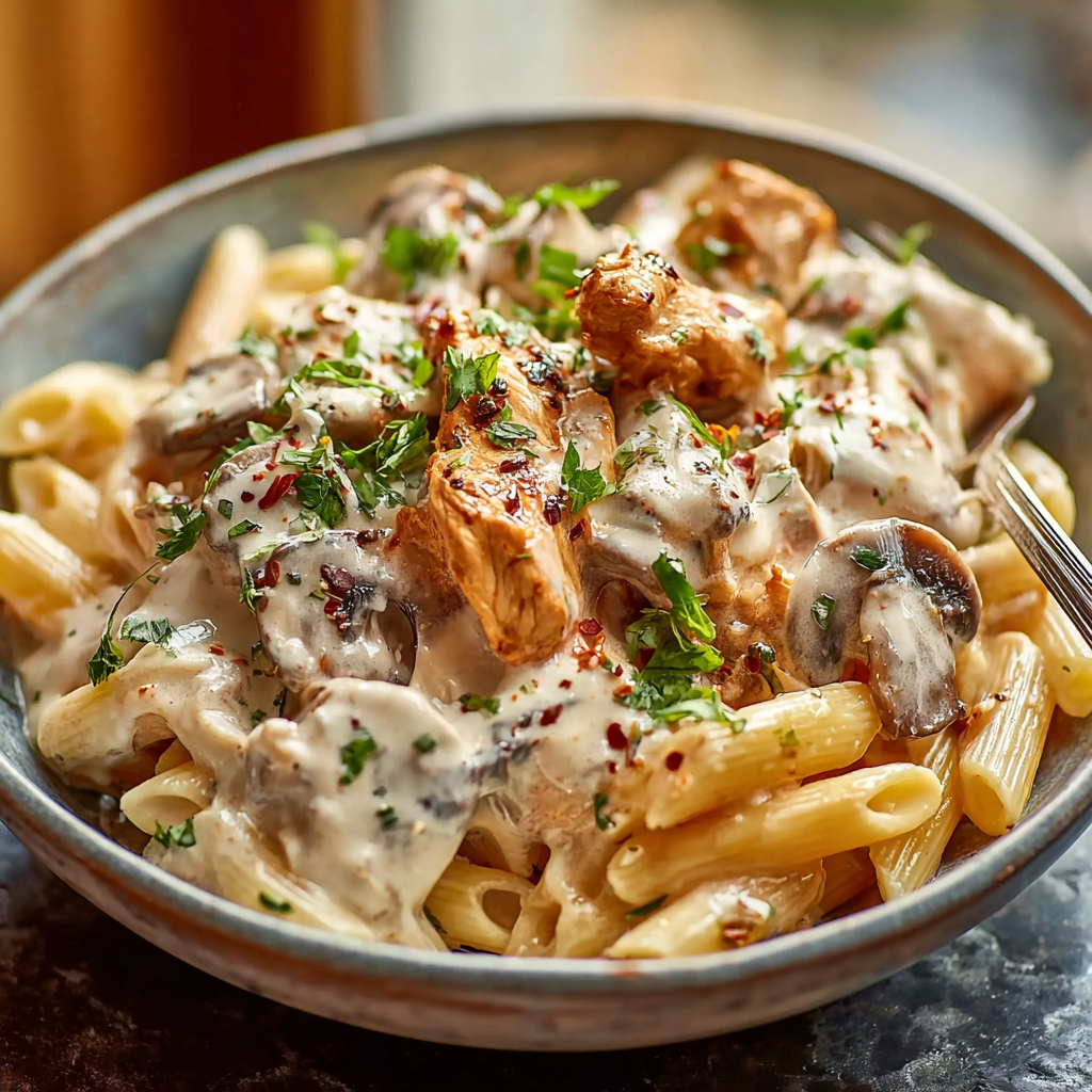 chicken mushroom pasta with salad and bread