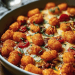Crispy Tot Chili Casserole fresh from the oven with golden tater tots