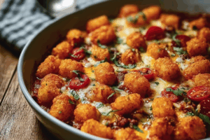 Crispy Tot Chili Casserole fresh from the oven with golden tater tots